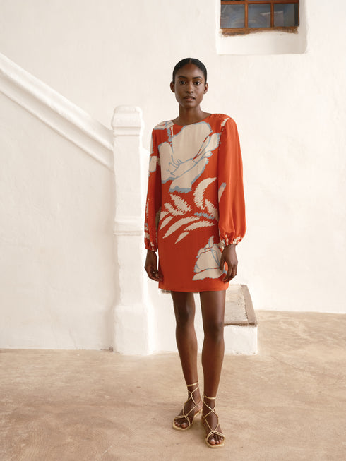 Lisboa Crepe Chine Mini Dress / Orange Gladiolos